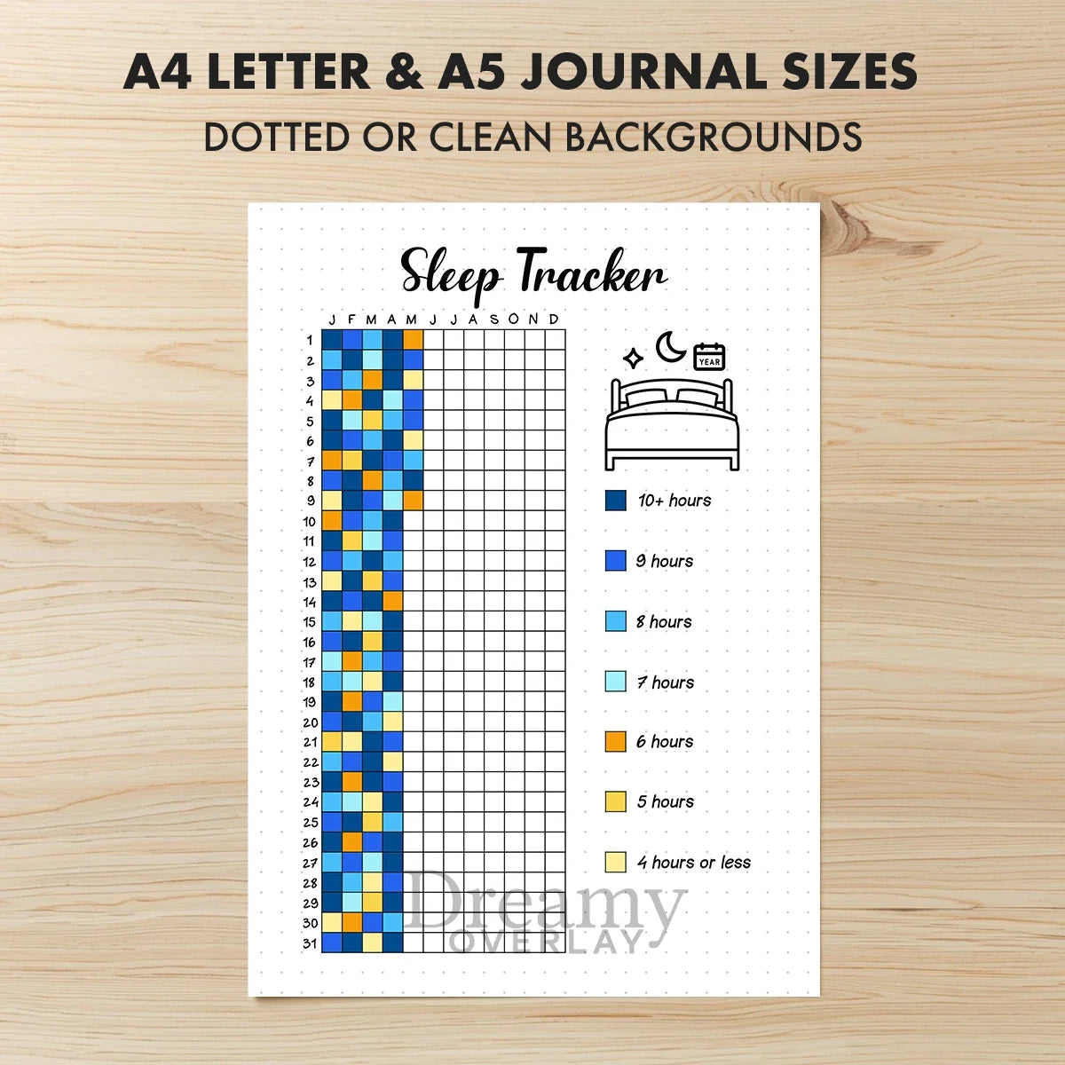 Printable sleep tracker yearly journal page in A4, A5 and US Letter size