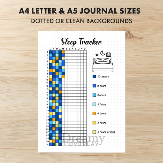 Printable sleep tracker yearly journal page in A4, A5 and US Letter size