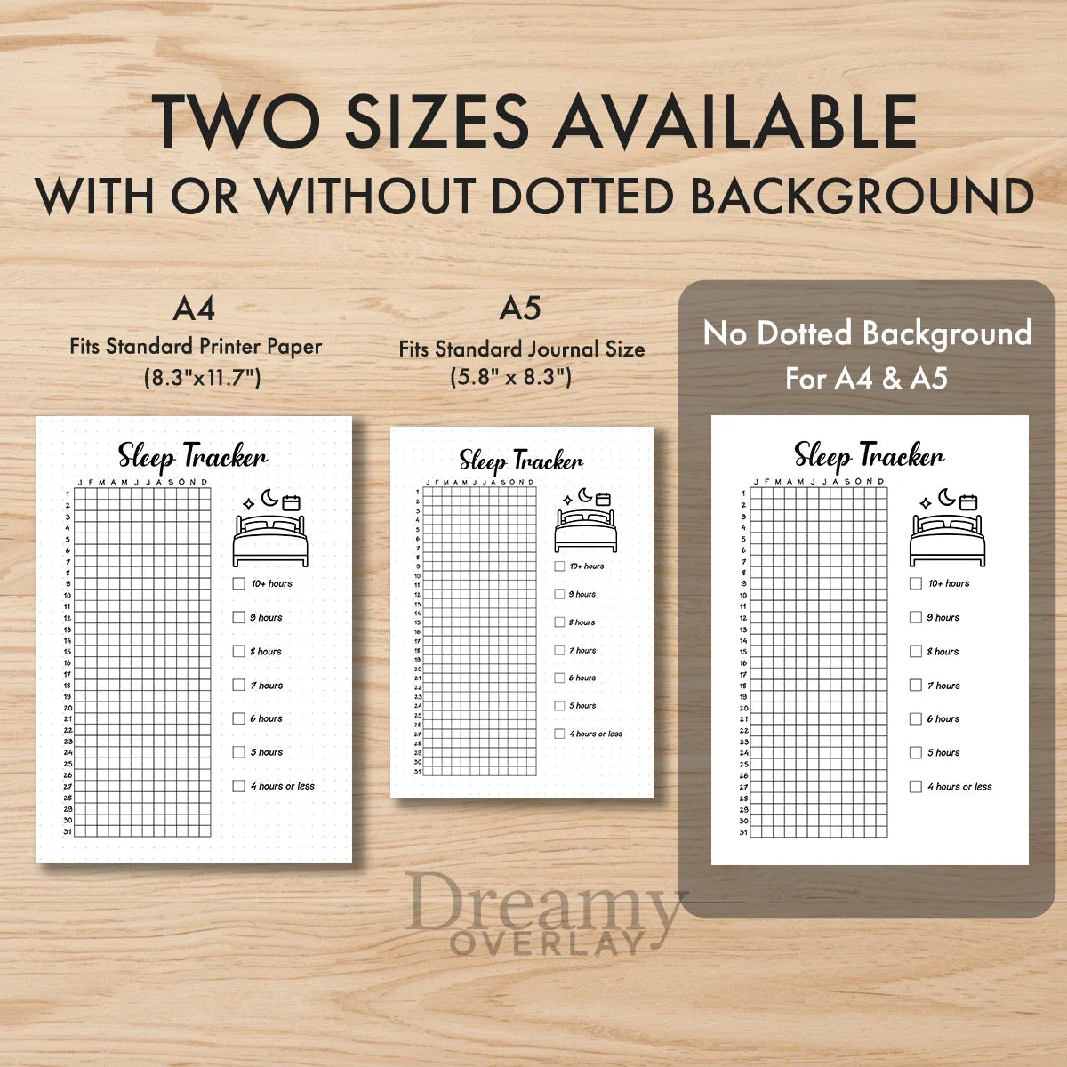 Printable sleep tracker yearly journal page in A4, A5 and US Letter size