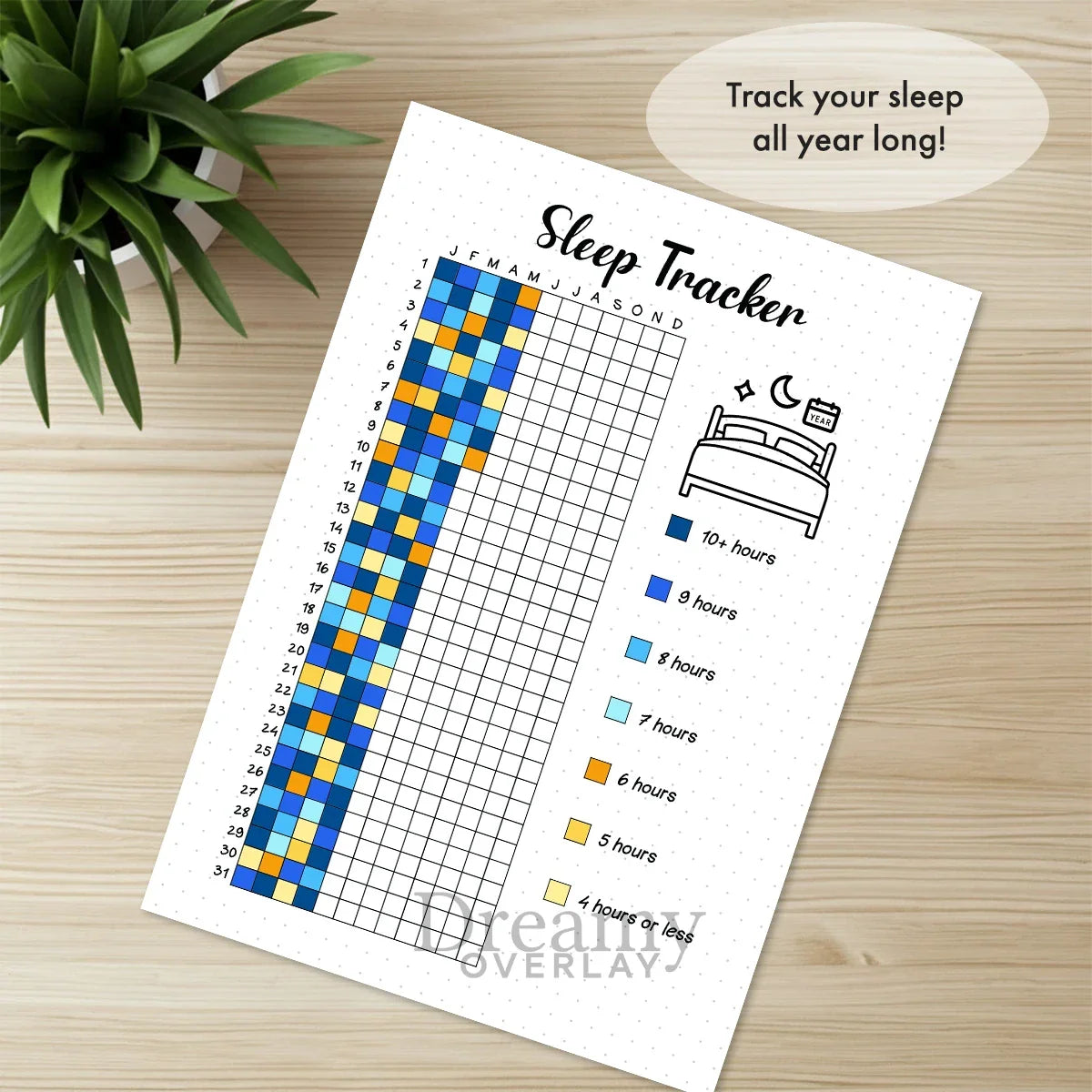 Printable sleep tracker yearly journal page in A4, A5 and US Letter size