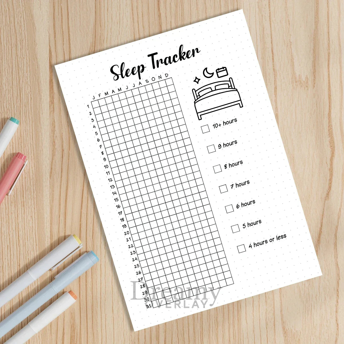 Printable sleep tracker yearly journal page in A4, A5 and US Letter size