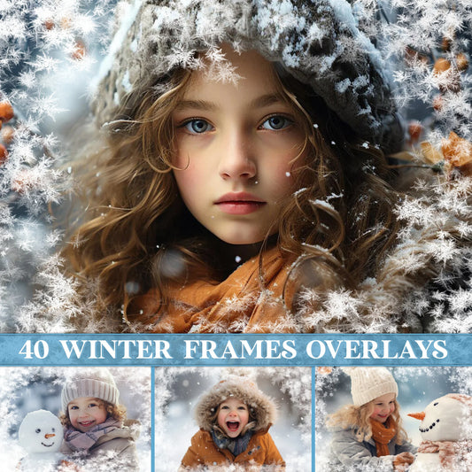 Snowflake Border Overlays for Photoshop - Winter Holiday Card Frame Effects