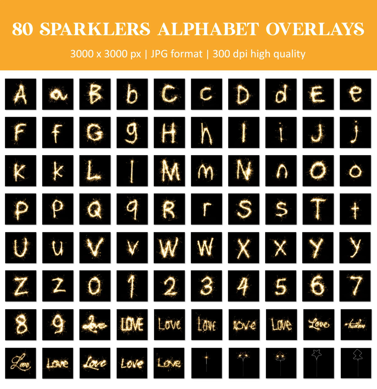Sparkler Overlays for Photoshop - Heart Shapes and Alphabet Light Effects