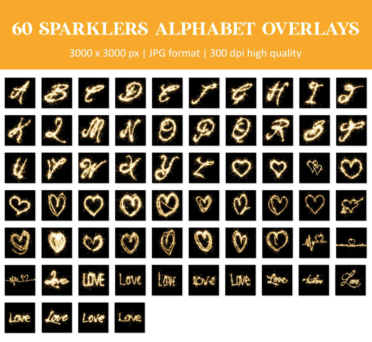 Sparkler Overlays for Photoshop - Heart Shapes and Alphabet Light Effects