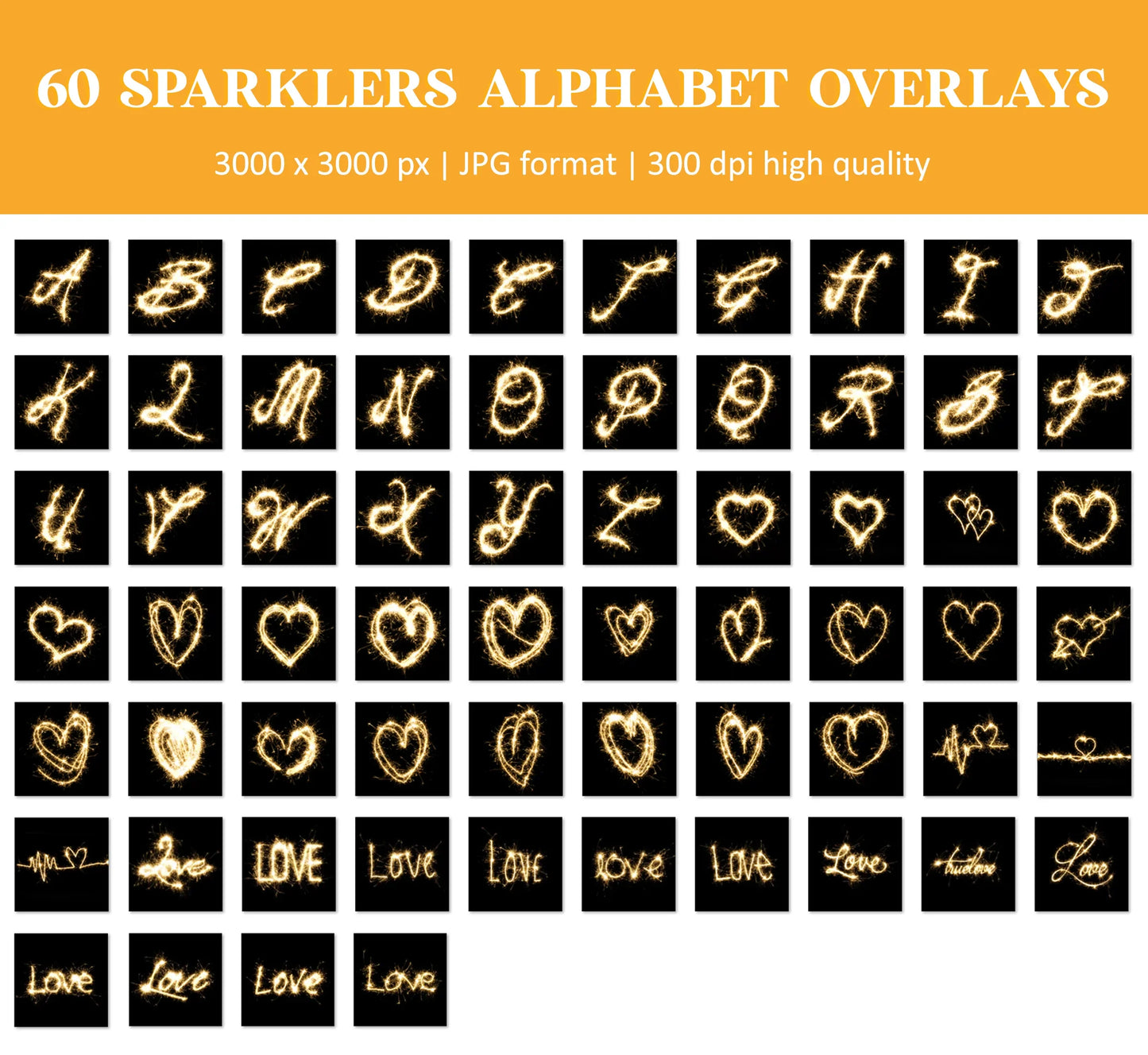 Sparkler Overlays for Photoshop - Heart Shapes and Alphabet Light Effects