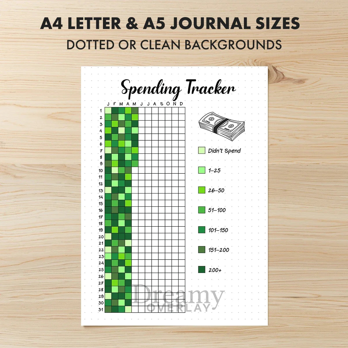 Printable spending tracker journal page in A4, A5 and US Letter size