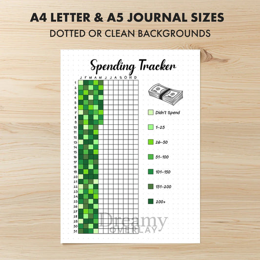 Printable spending tracker journal page in A4, A5 and US Letter size
