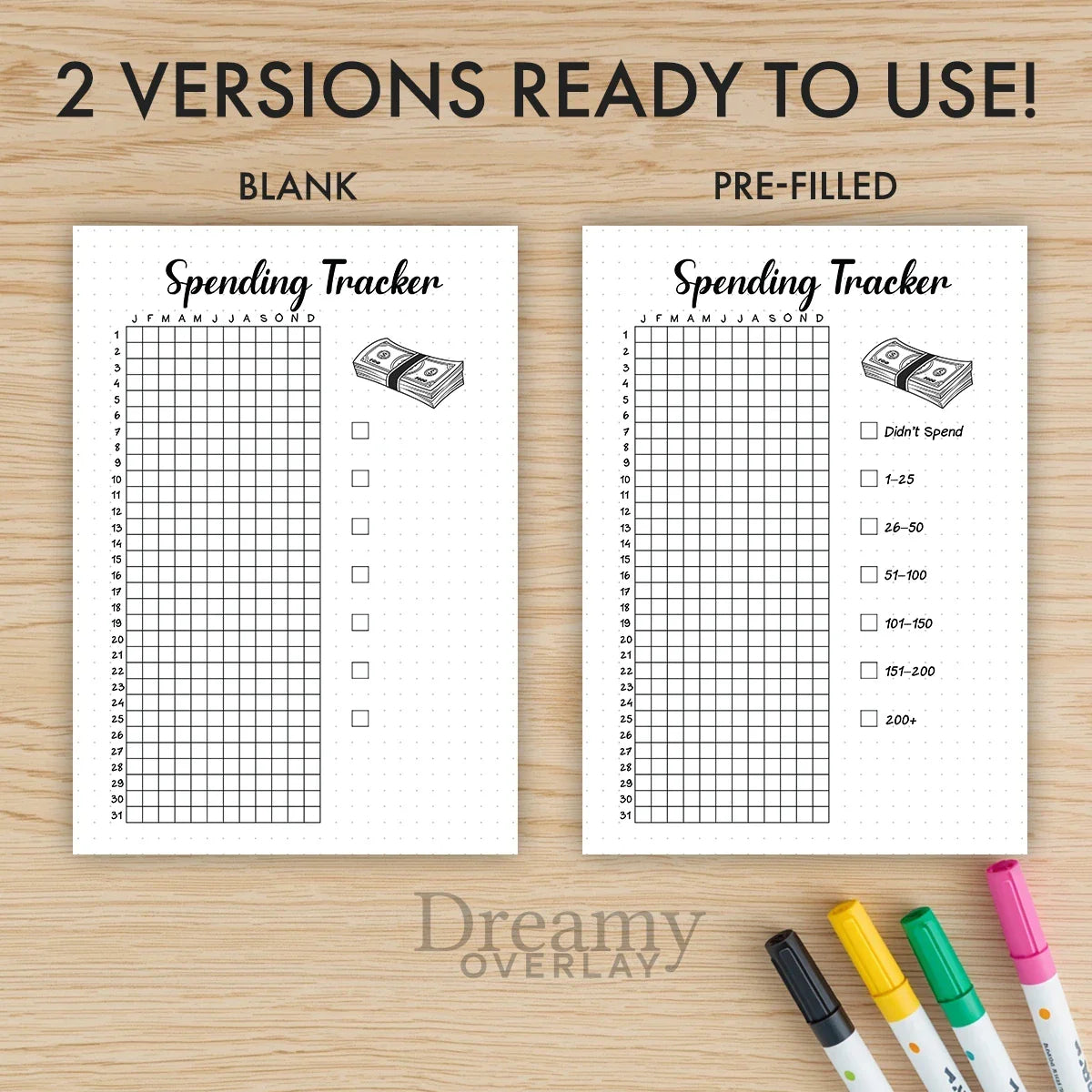 Printable spending tracker journal page in A4, A5 and US Letter size