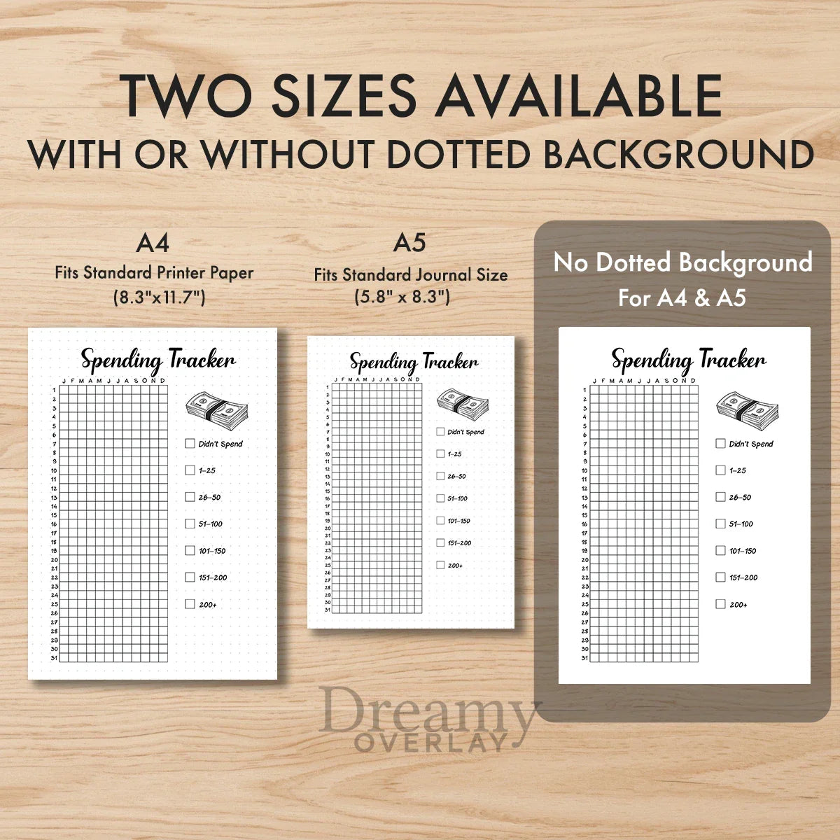 Printable spending tracker journal page in A4, A5 and US Letter size