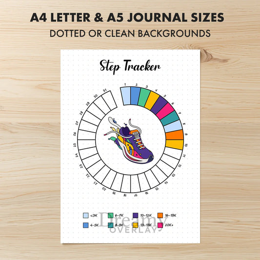 Printable step tracker monthly printable journal page in A4, A5 and US Letter size