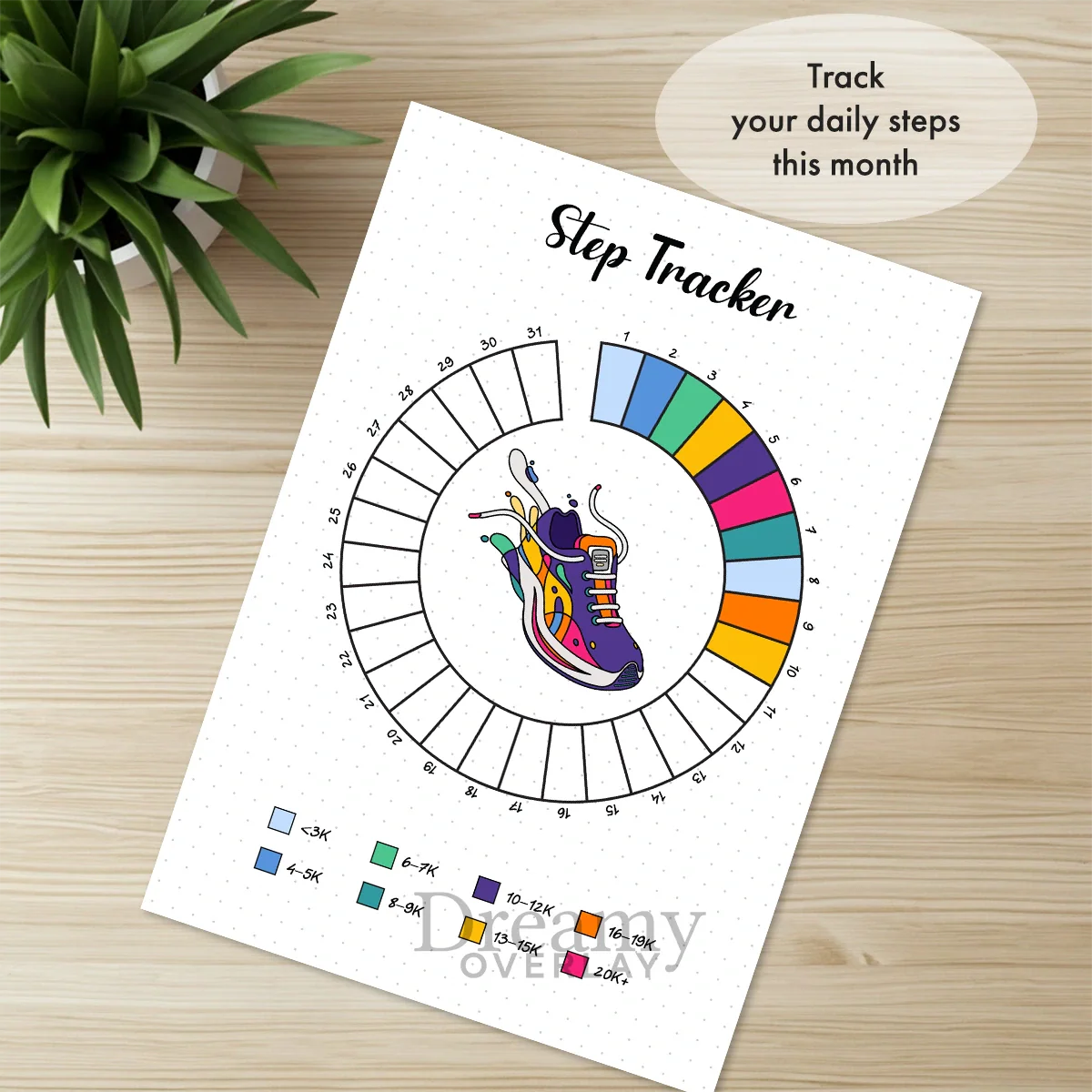 Printable step tracker monthly printable journal page in A4, A5 and US Letter size