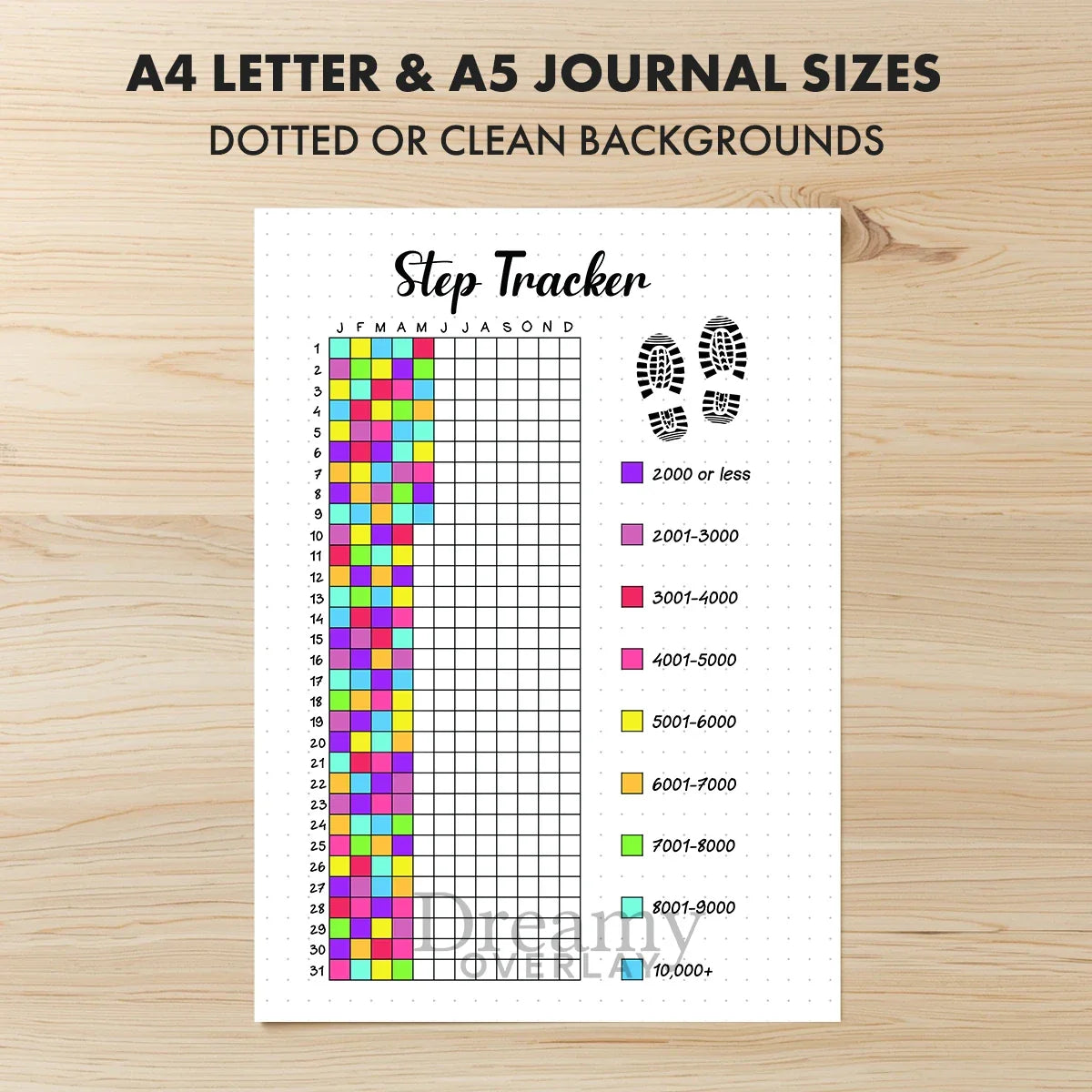 Printable step tracker yearly journal page in A4, A5 and US Letter size