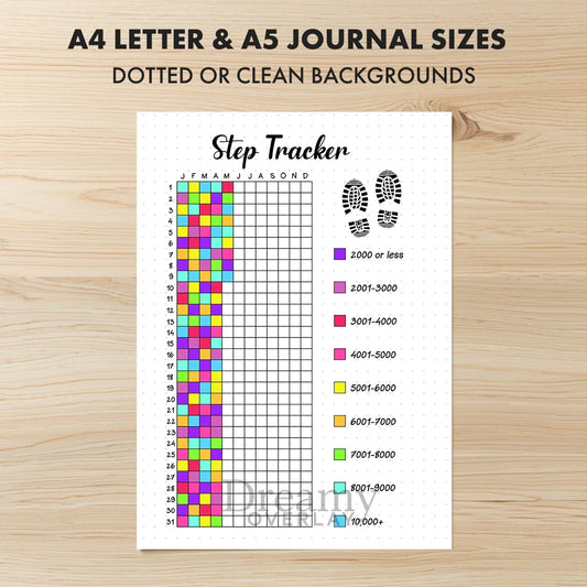 Printable step tracker yearly journal page in A4, A5 and US Letter size