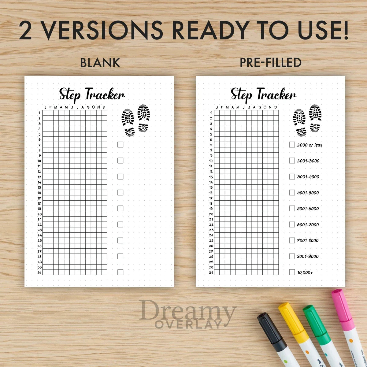 Printable step tracker yearly journal page in A4, A5 and US Letter size