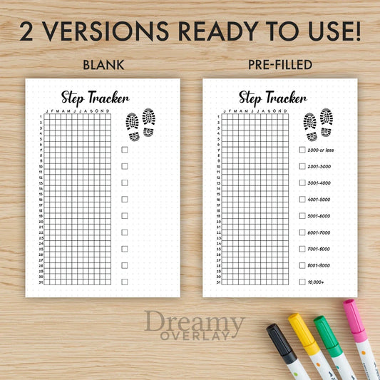 Printable step tracker yearly journal page in A4, A5 and US Letter size