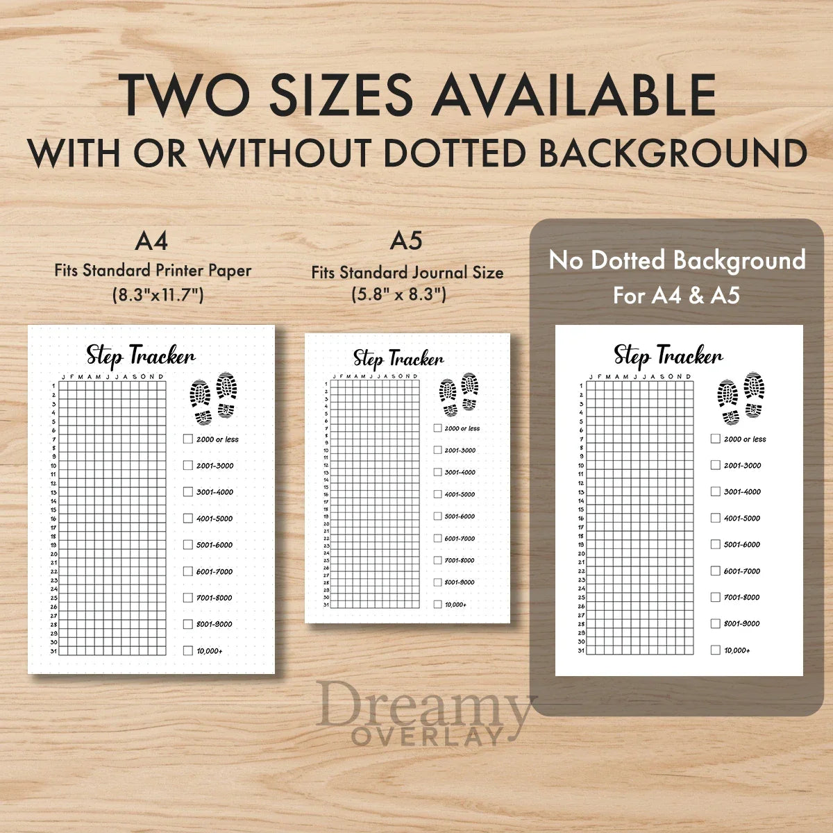 Printable step tracker yearly journal page in A4, A5 and US Letter size