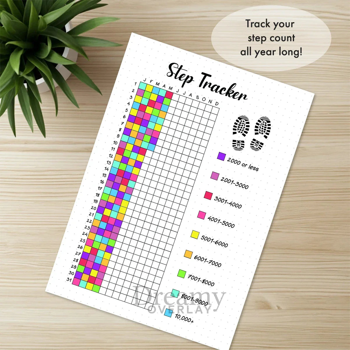 Printable step tracker yearly journal page in A4, A5 and US Letter size