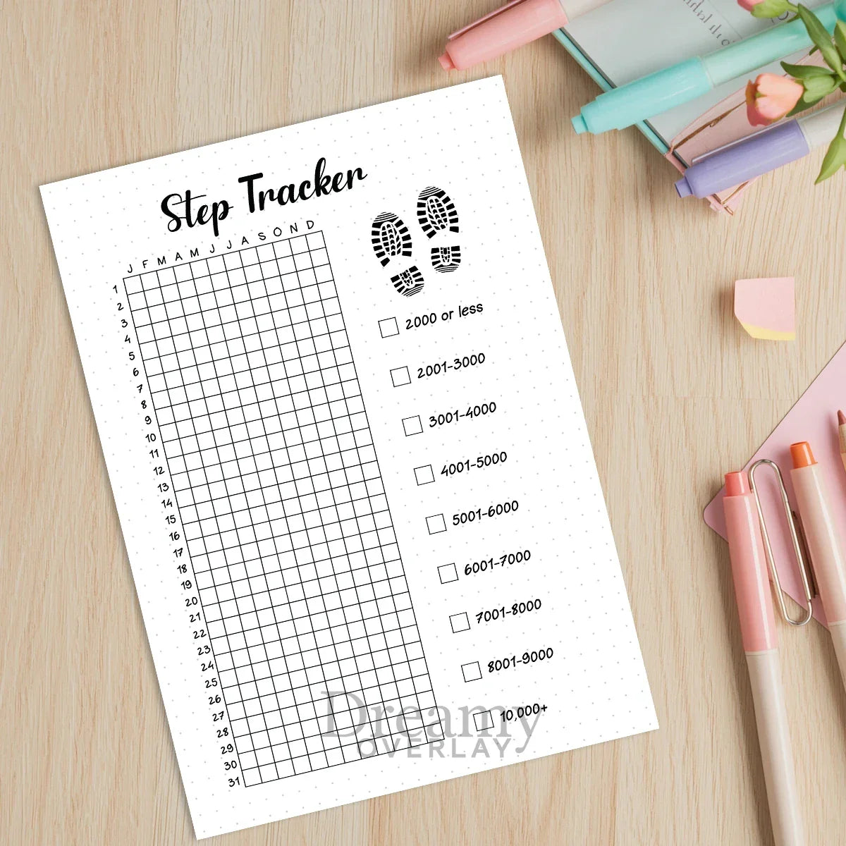 Printable step tracker yearly journal page in A4, A5 and US Letter size