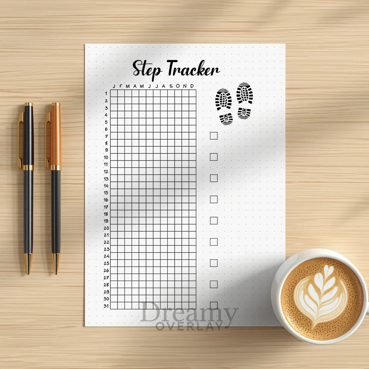 Printable step tracker yearly journal page in A4, A5 and US Letter size