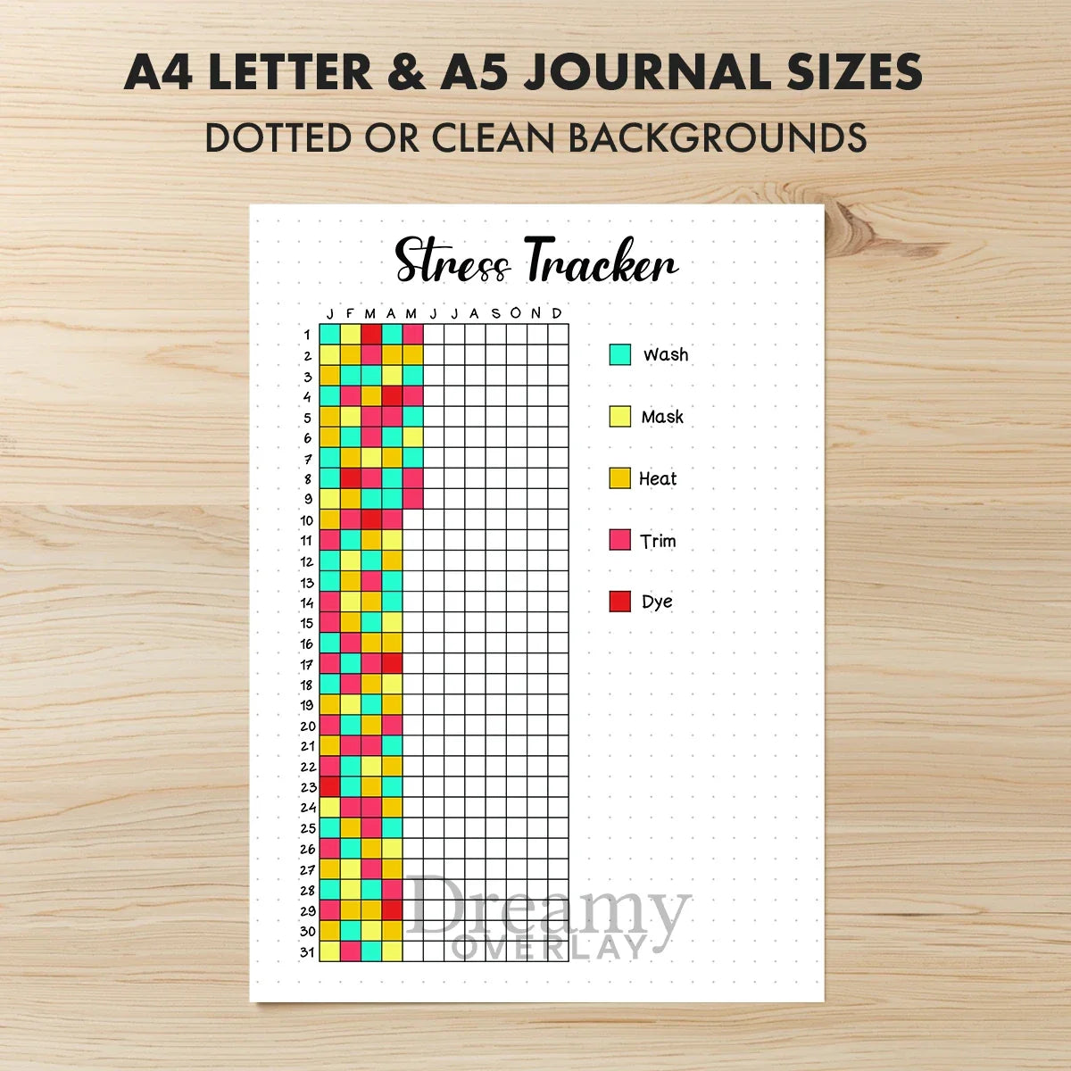 Printable stress tracker journal page in A4, A5 and US Letter size