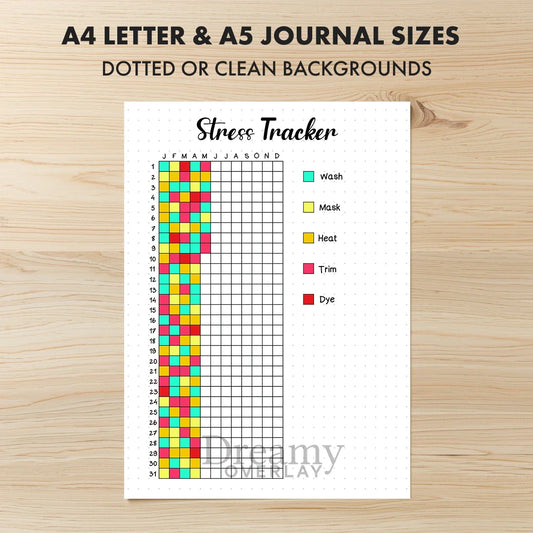 Printable stress tracker journal page in A4, A5 and US Letter size