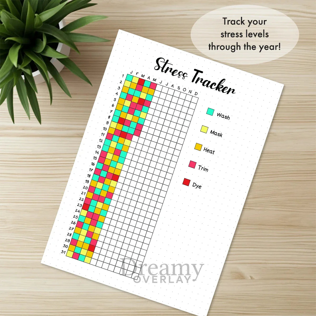 Printable stress tracker journal page in A4, A5 and US Letter size