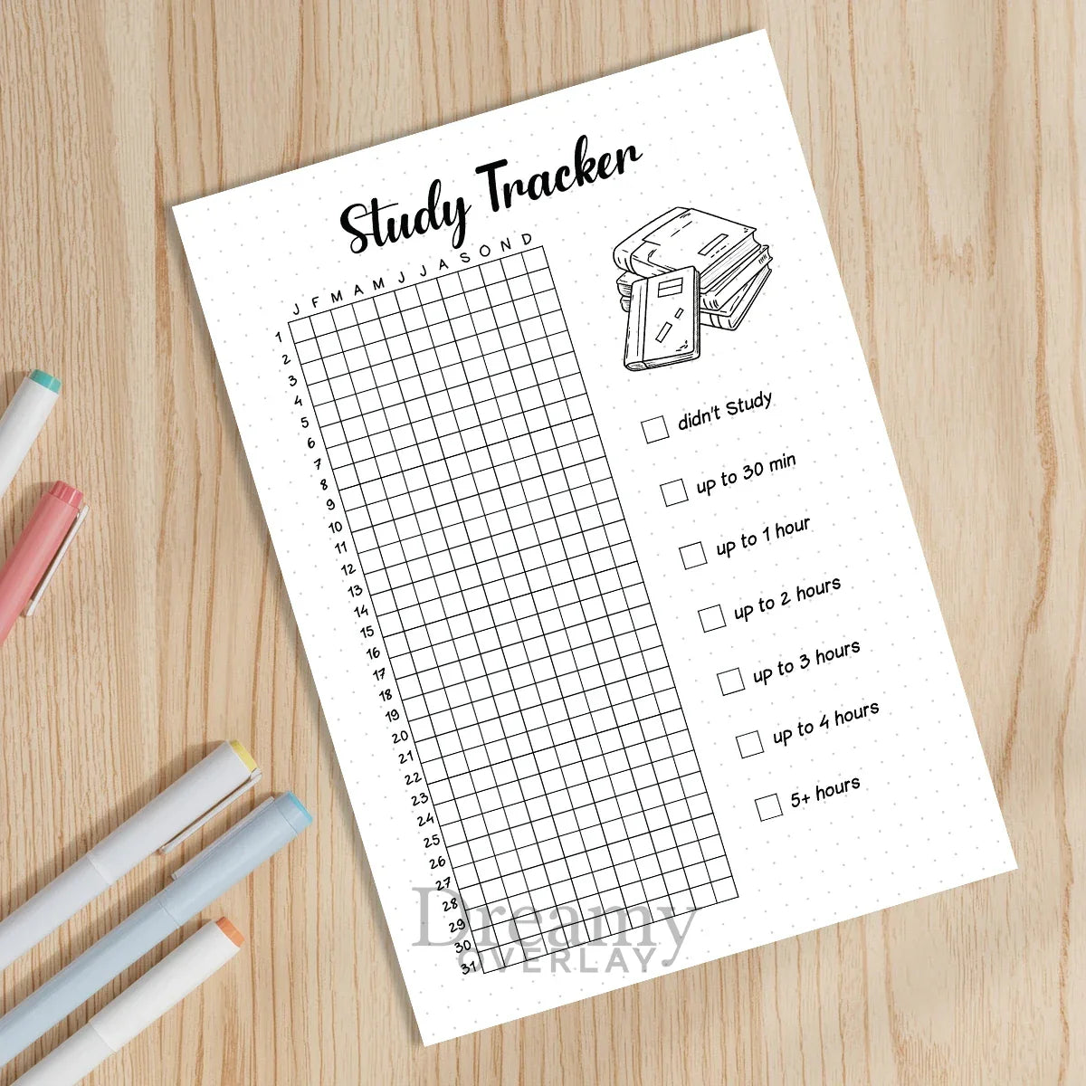 Printable study tracker journal page in A4, A5 and US Letter size