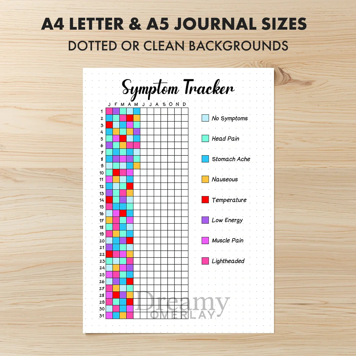 Printable symptom tracker printable journal page in A4, A5 and US Letter size