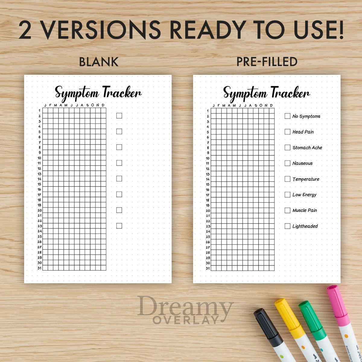 Printable symptom tracker printable journal page in A4, A5 and US Letter size