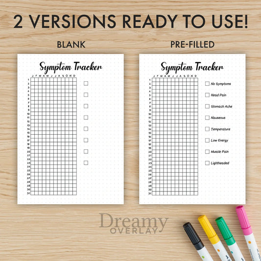 Printable symptom tracker printable journal page in A4, A5 and US Letter size