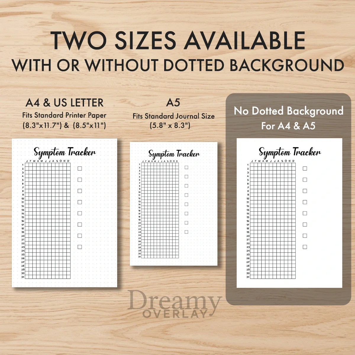 Printable symptom tracker printable journal page in A4, A5 and US Letter size