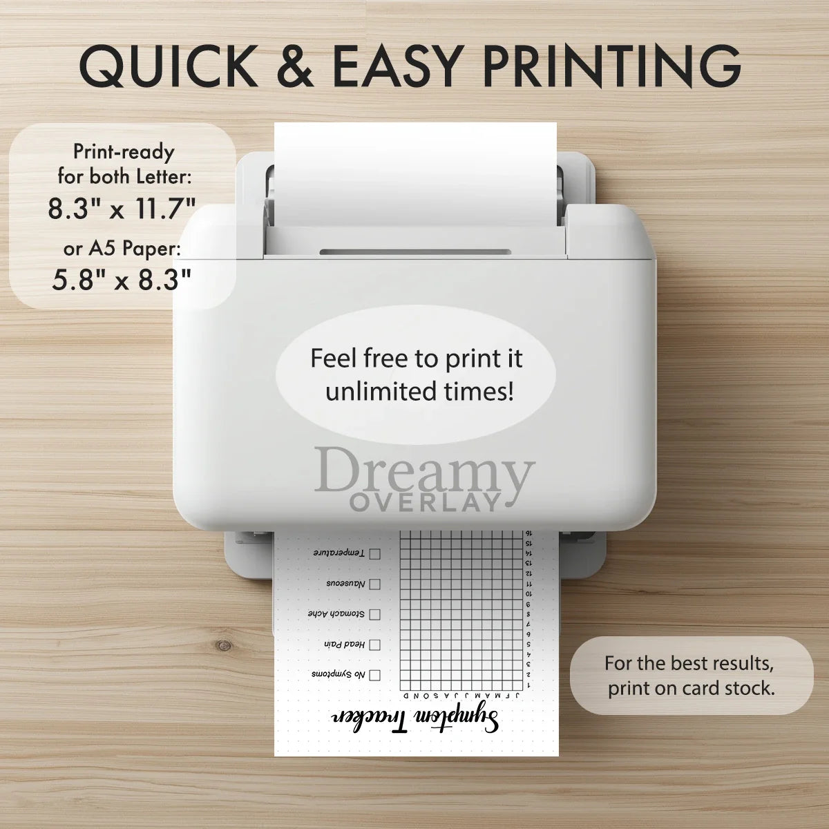 Printable symptom tracker printable journal page in A4, A5 and US Letter size