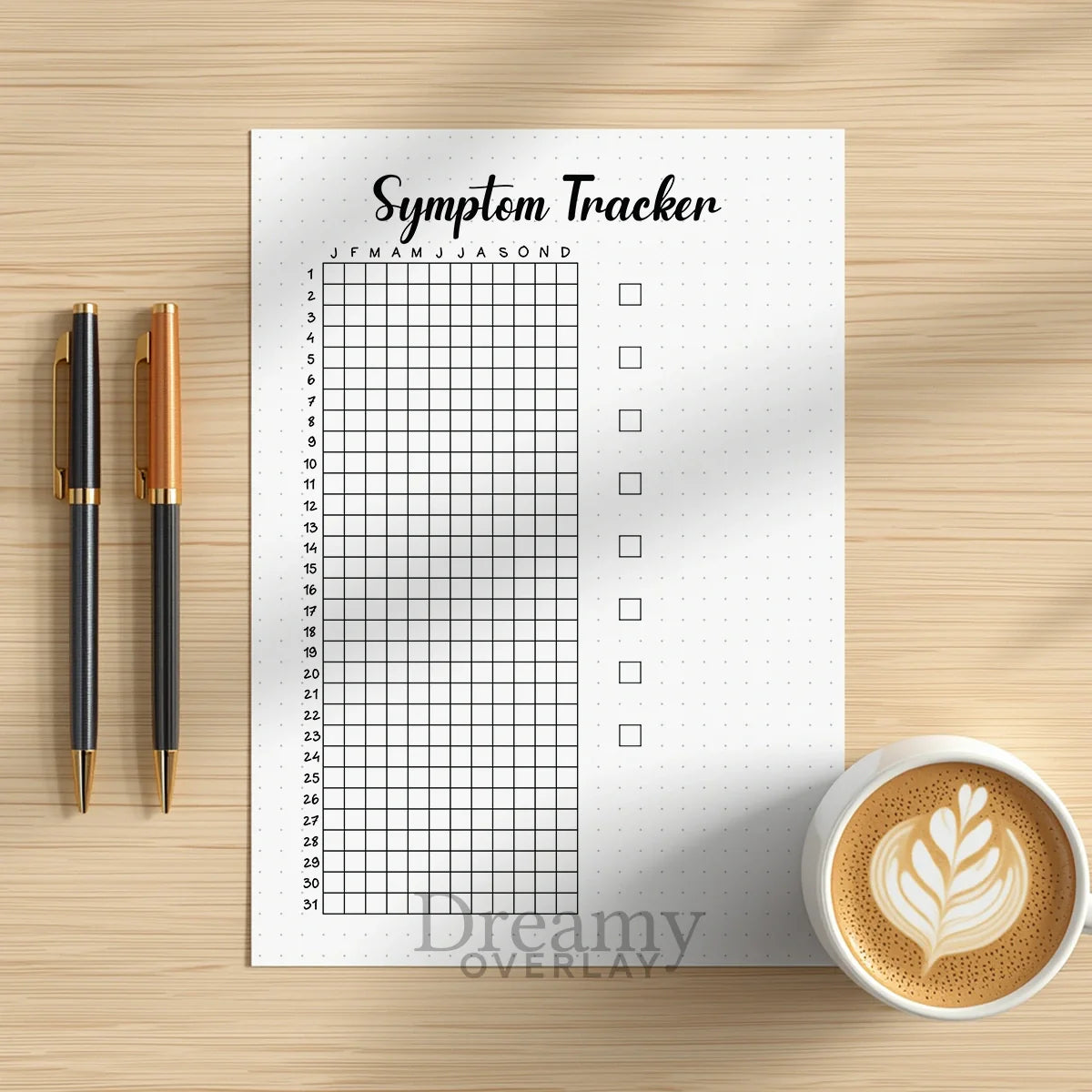 Printable symptom tracker printable journal page in A4, A5 and US Letter size