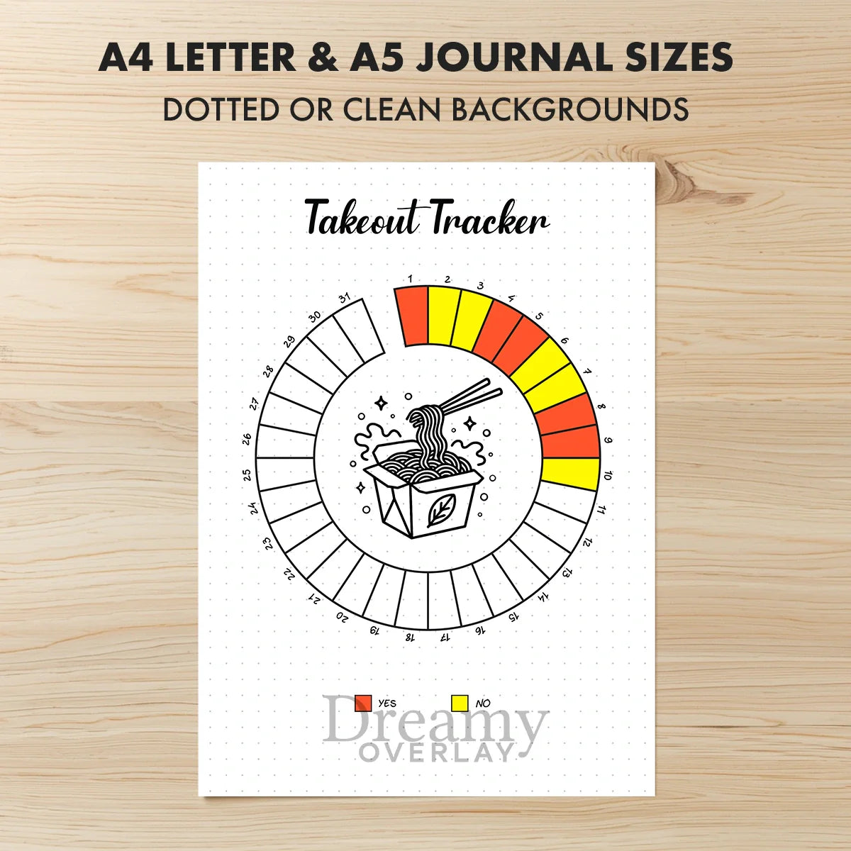Printable takeout tracker monthly printable journal page in A4, A5 and US Letter size
