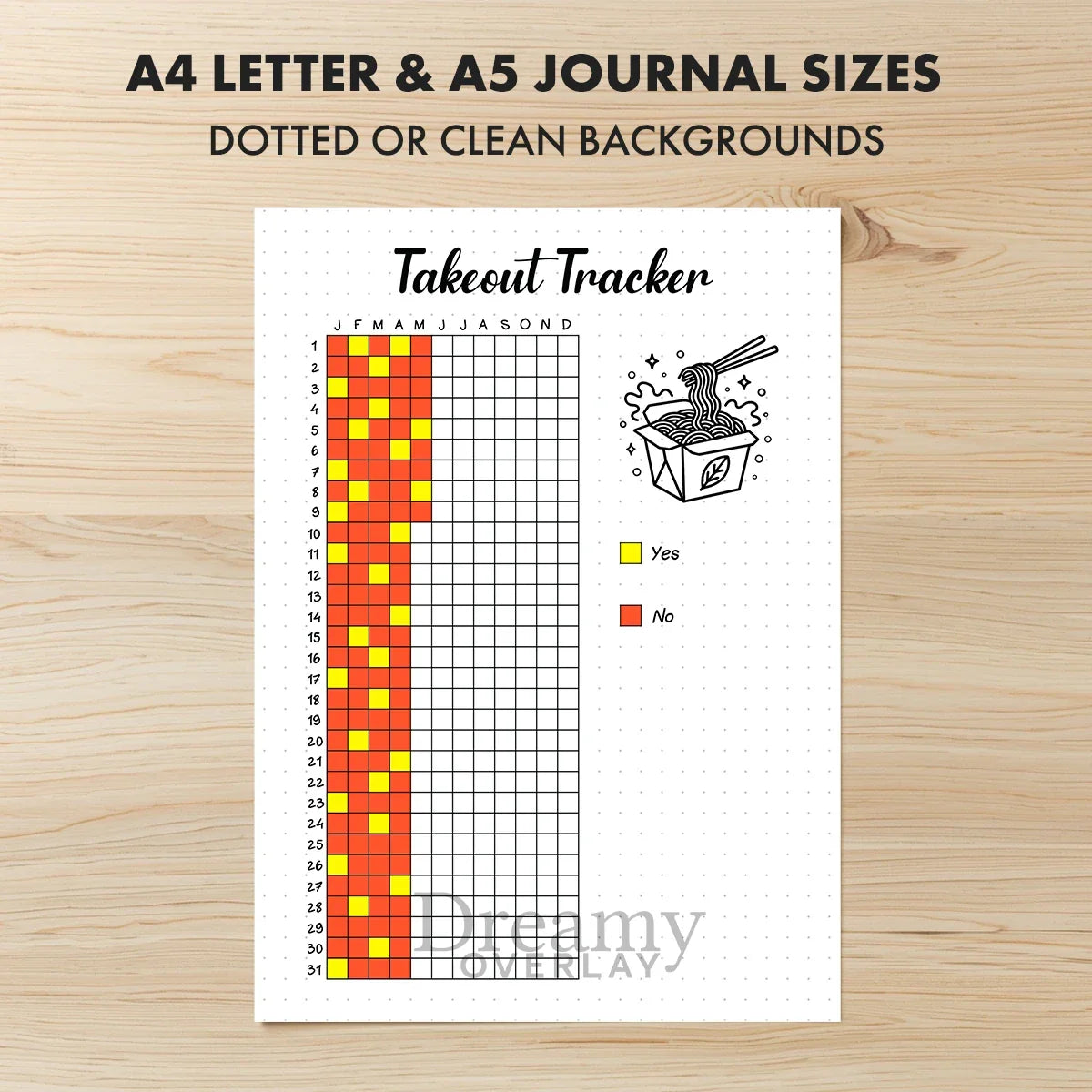 Printable takeout tracker journal page in A4, A5 and US Letter size