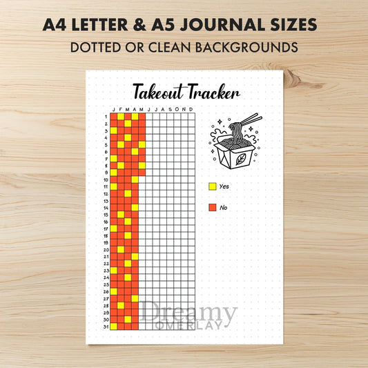 Printable takeout tracker journal page in A4, A5 and US Letter size