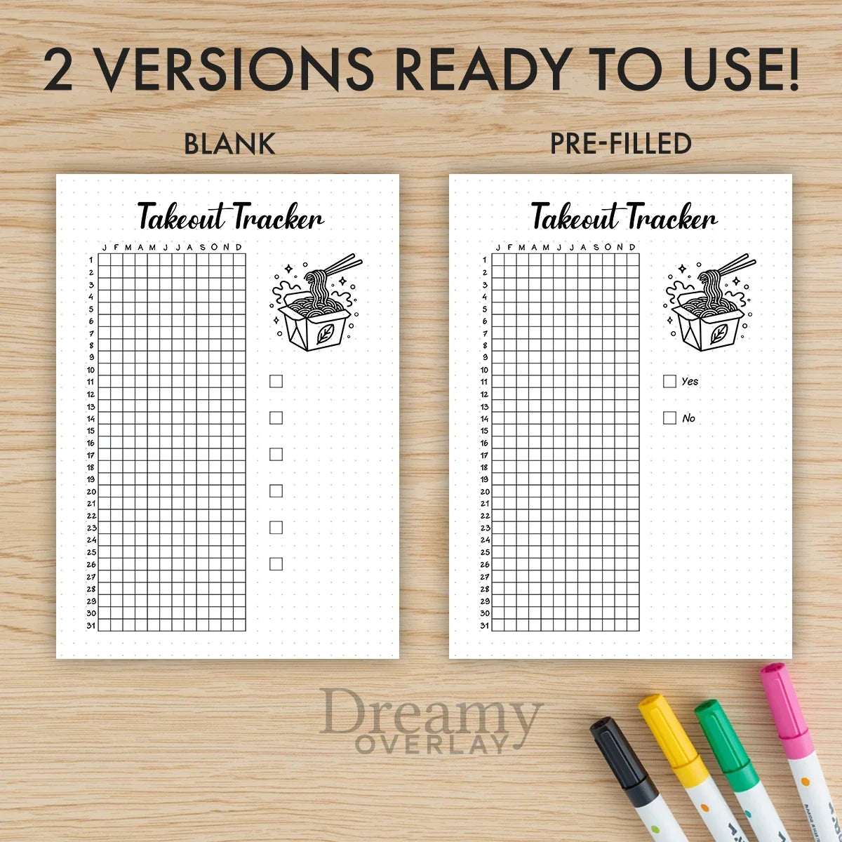 Printable takeout tracker journal page in A4, A5 and US Letter size