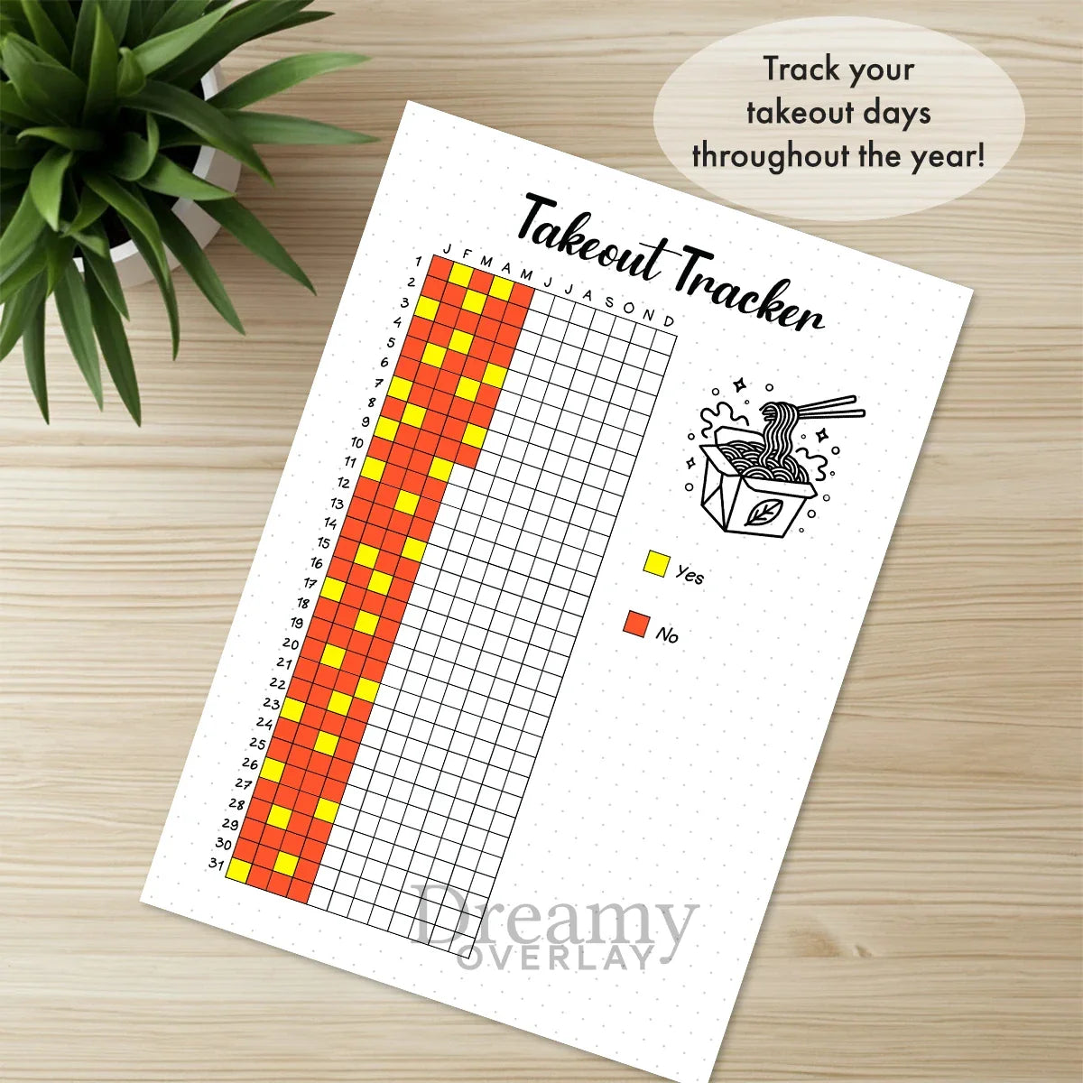 Printable takeout tracker journal page in A4, A5 and US Letter size