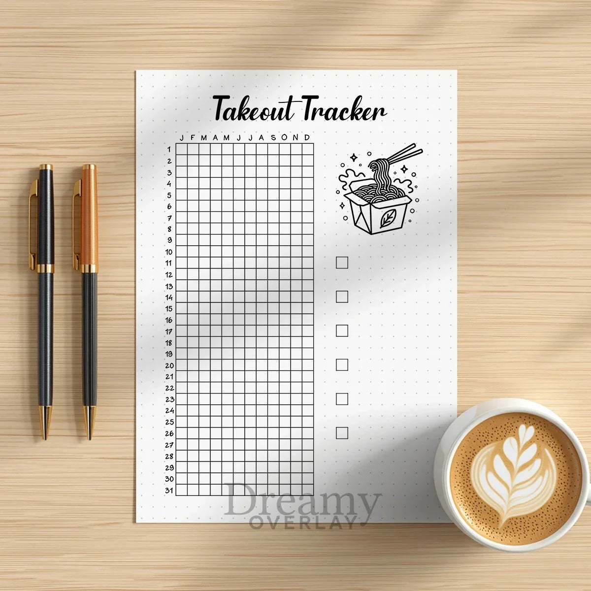 Printable takeout tracker journal page in A4, A5 and US Letter size