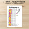 Printable teeth brushing tracker journal page in A4, A5 and US Letter size