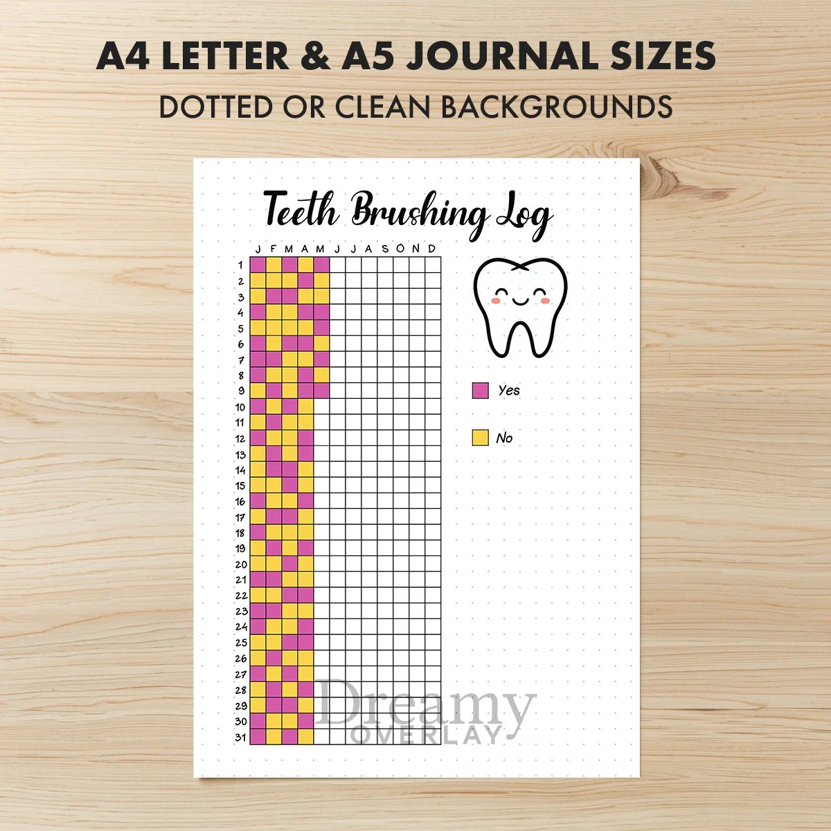 Printable teeth brushing tracker journal page in A4, A5 and US Letter size