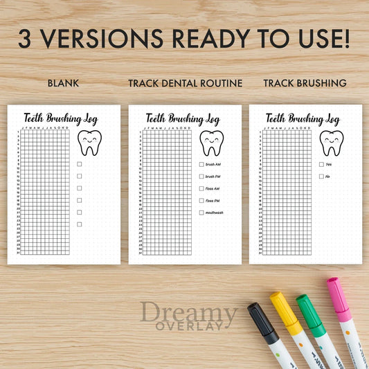Printable teeth brushing tracker journal page in A4, A5 and US Letter size