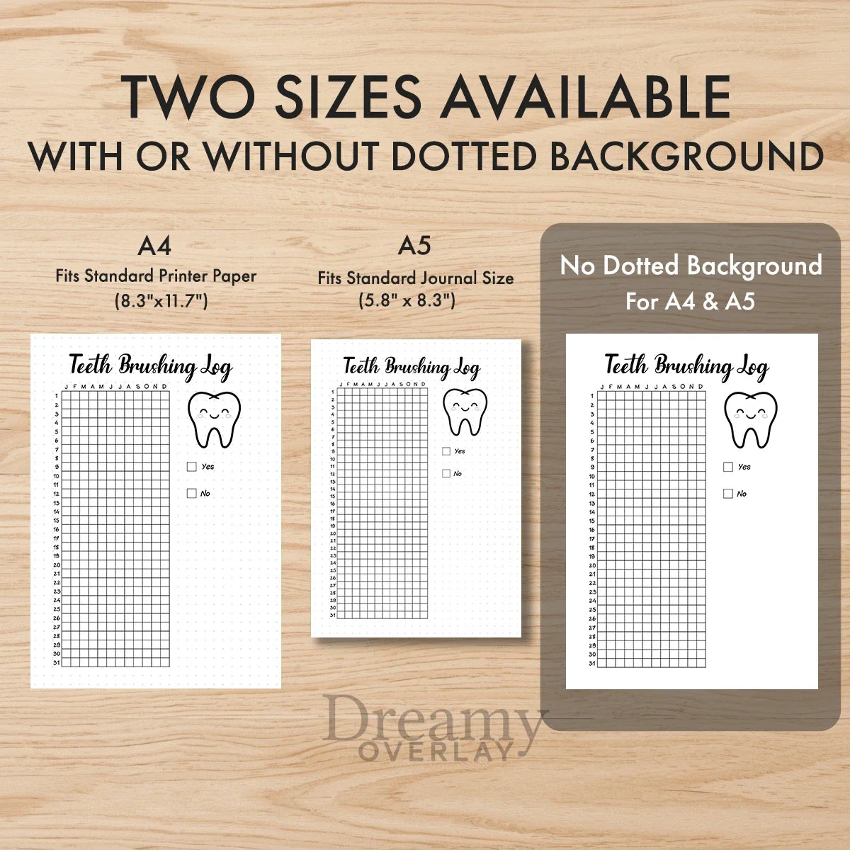 Printable teeth brushing tracker journal page in A4, A5 and US Letter size