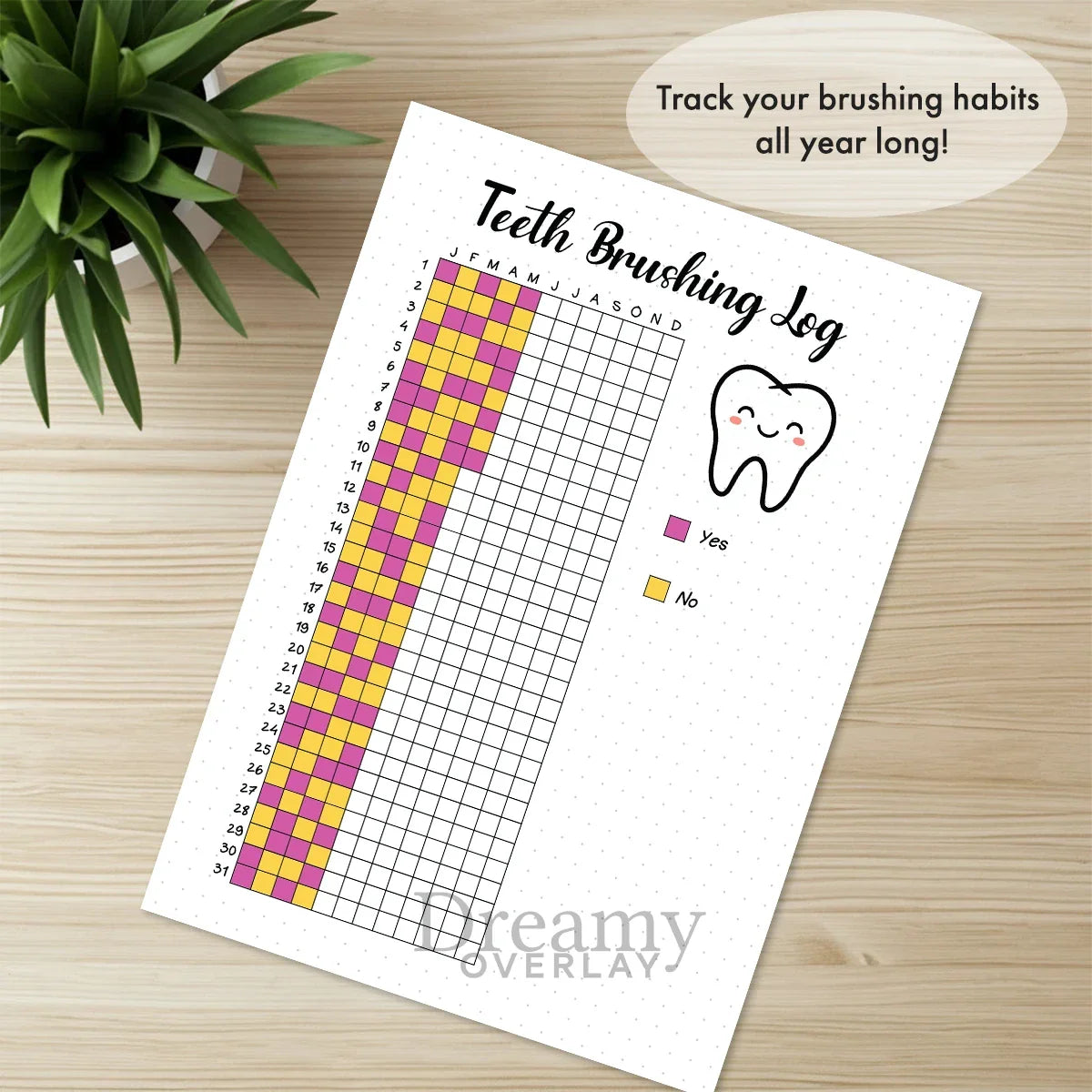 Printable teeth brushing tracker journal page in A4, A5 and US Letter size