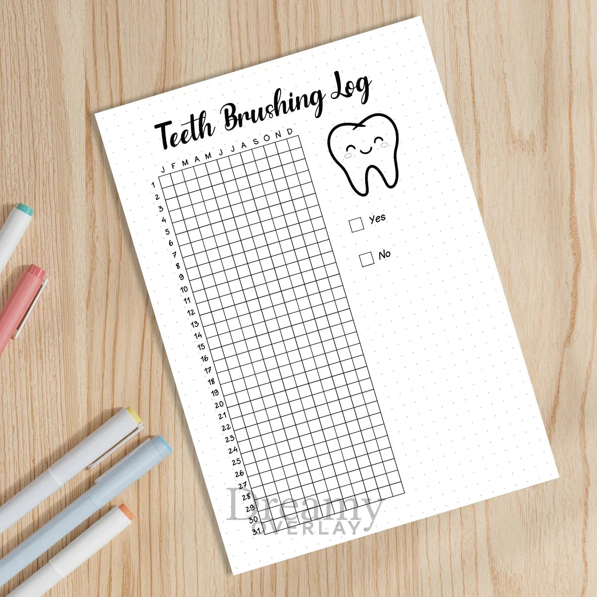 Printable teeth brushing tracker journal page in A4, A5 and US Letter size