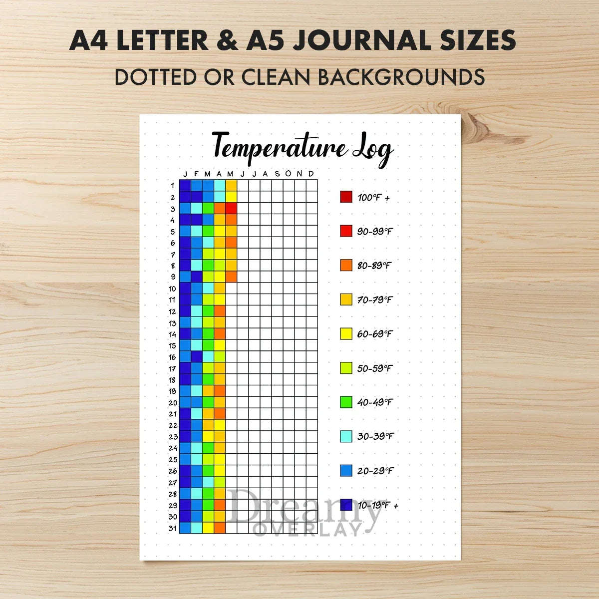 Printable temperature log tracker journal page in A4, A5 and US Letter size