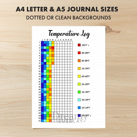 Printable temperature log tracker journal page in A4, A5 and US Letter size