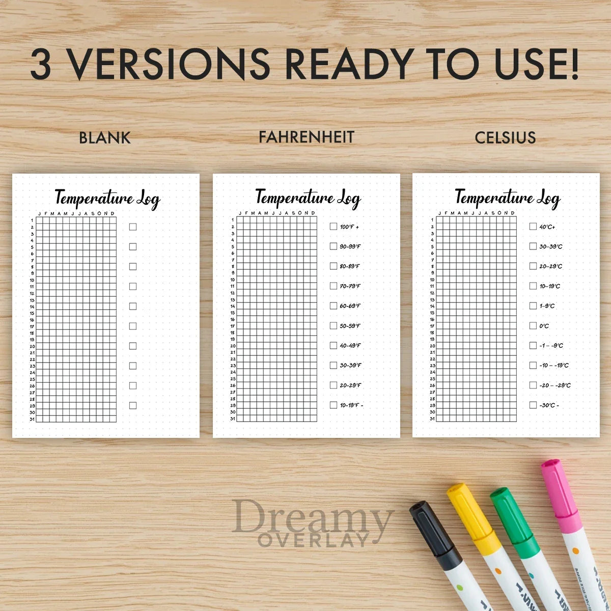 Printable temperature log tracker journal page in A4, A5 and US Letter size