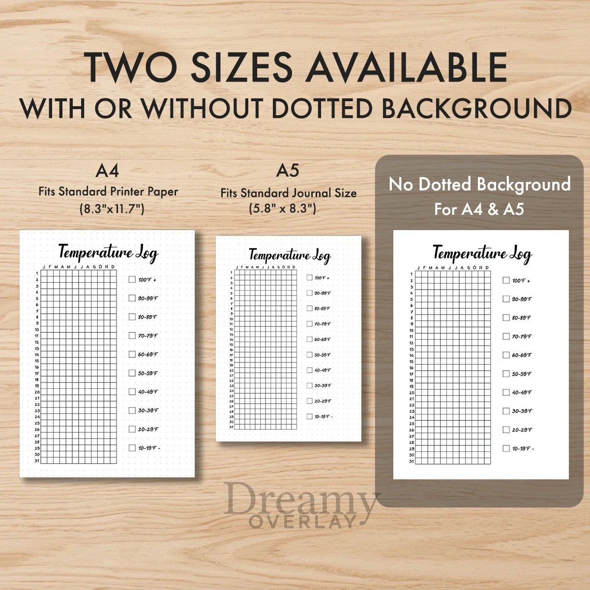 Printable temperature log tracker journal page in A4, A5 and US Letter size