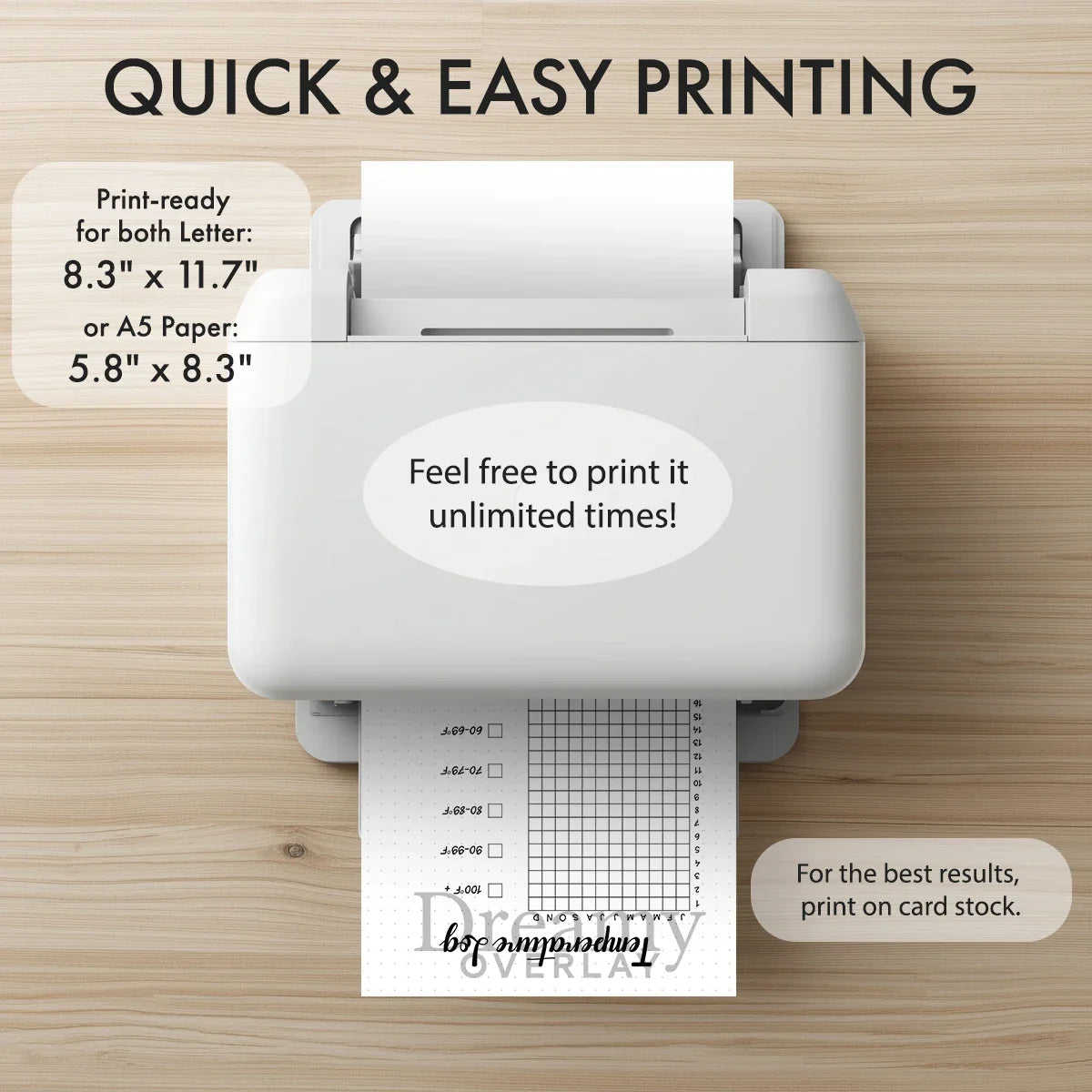 Printable temperature log tracker journal page in A4, A5 and US Letter size